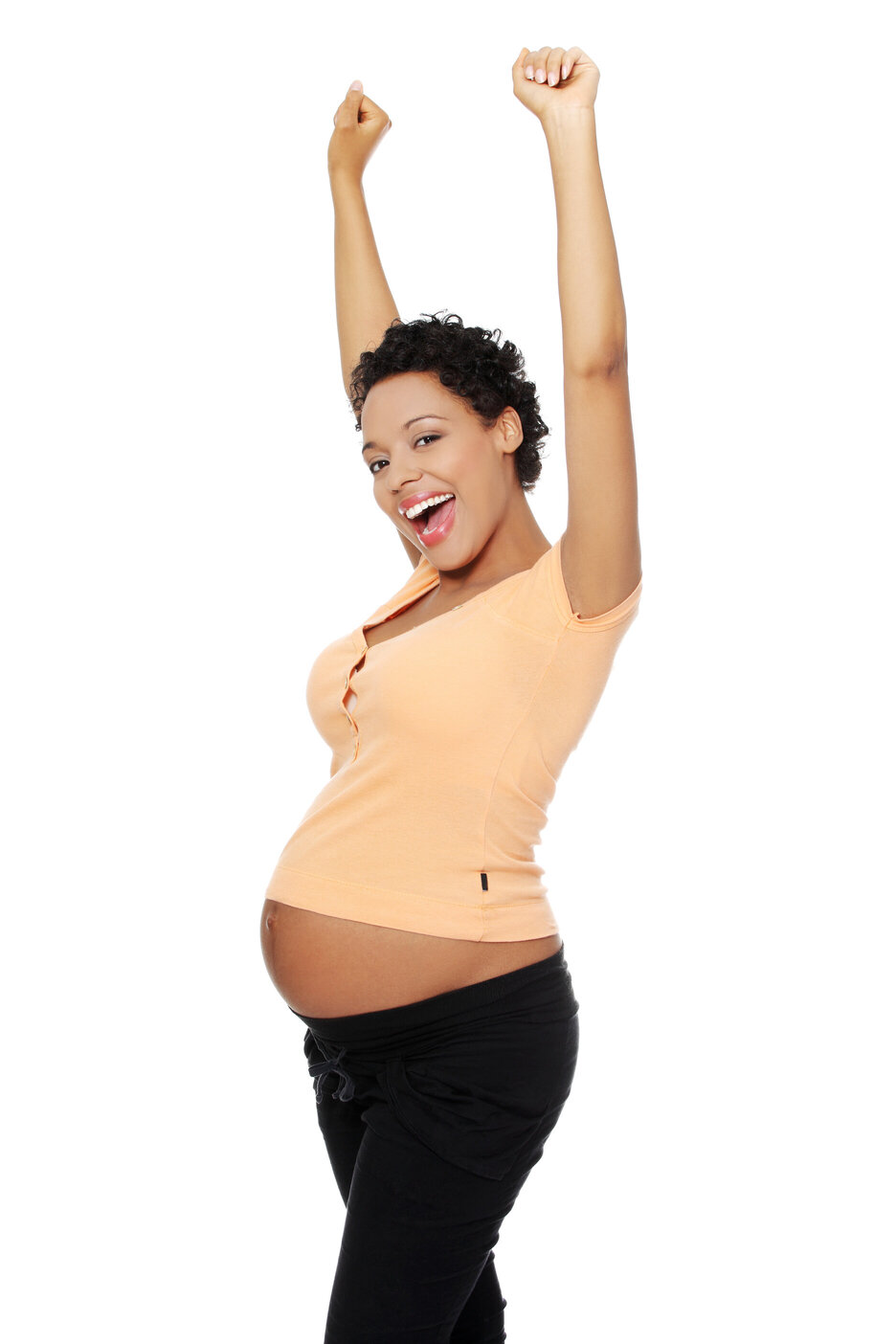 Pregnant woman with arms in air celebrating