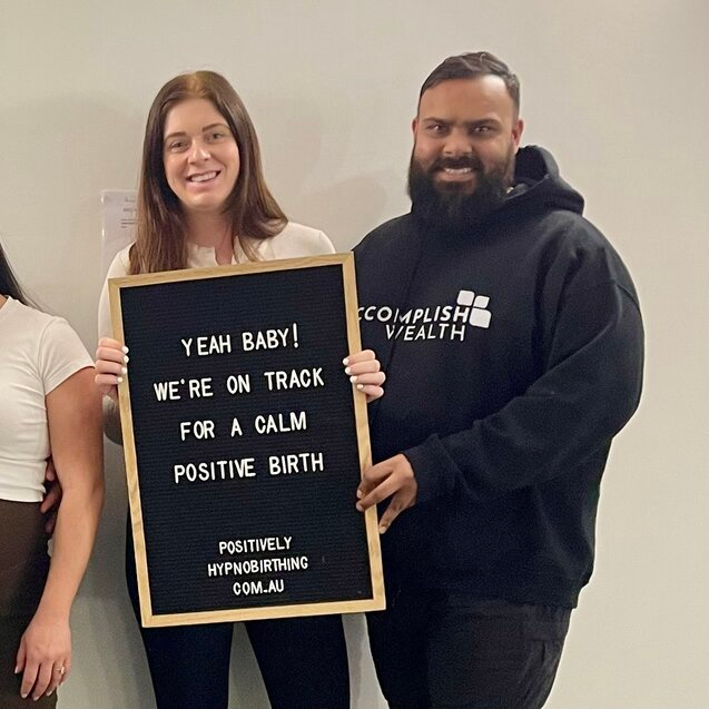 Pregnant couple smiling after completing the Hypnobirthing Australia™ course on the Gold Coast with Positively Hypnobirthing