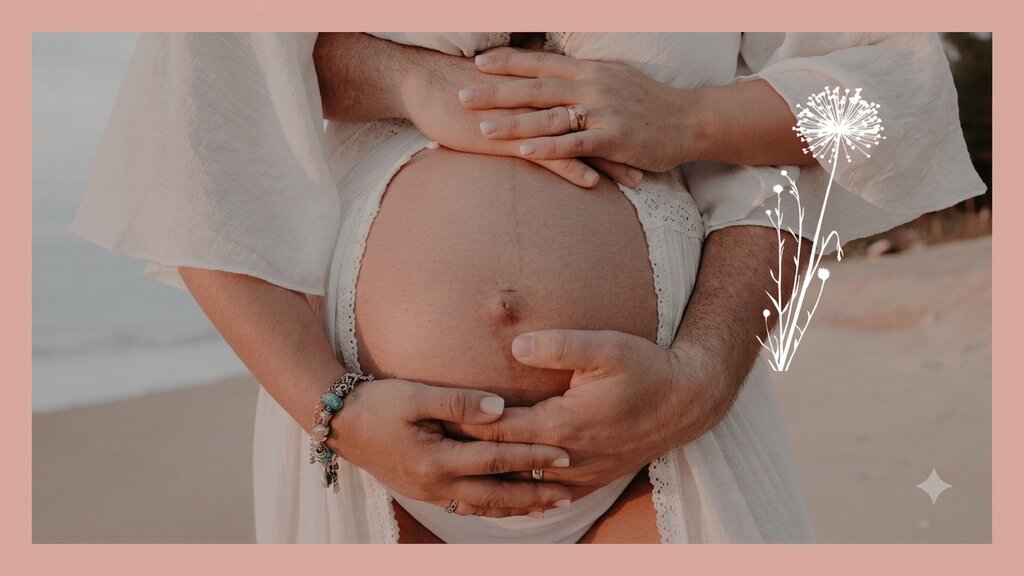 Pregnant woman and partner holding belly
