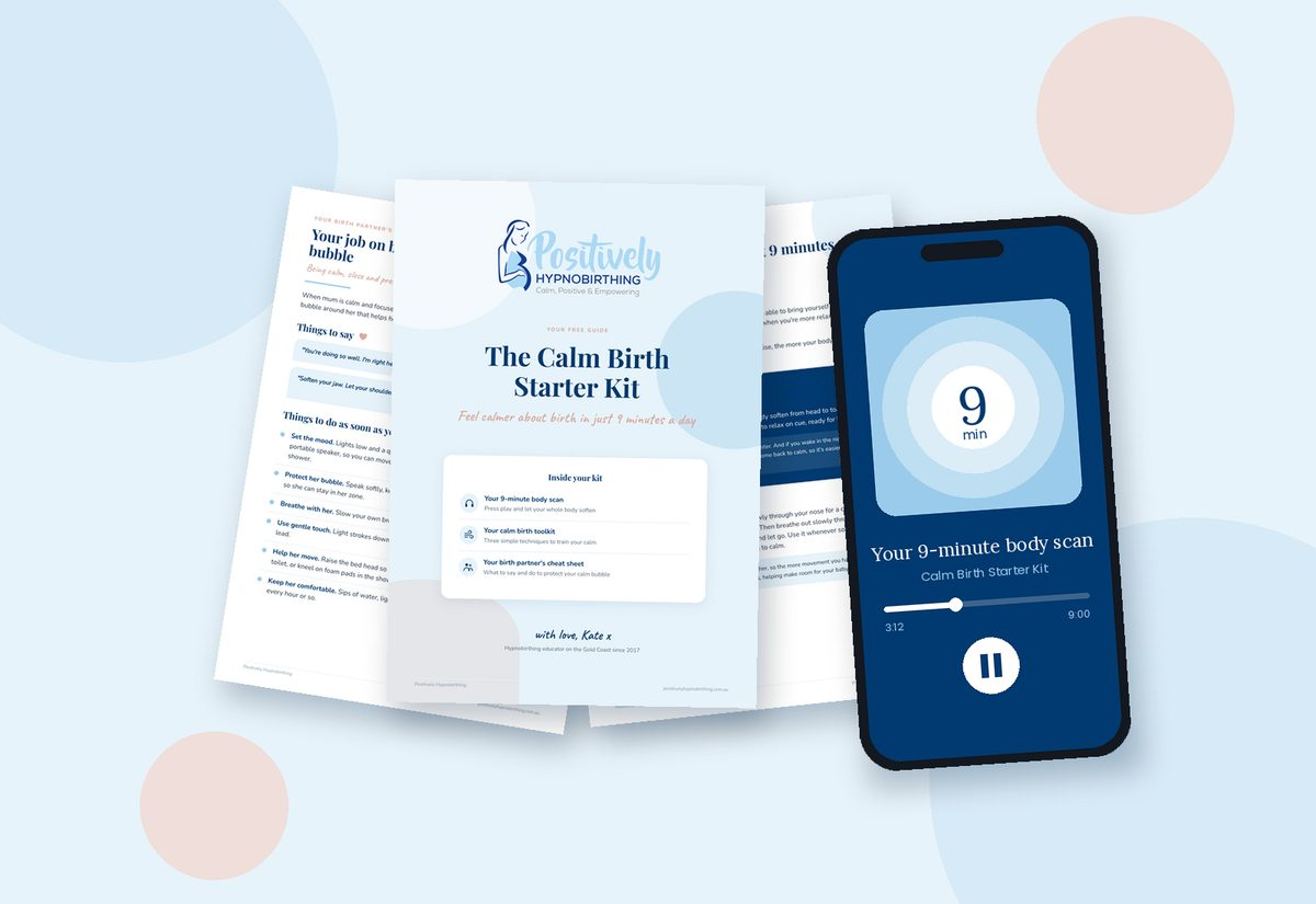 Calm Birth Starter Kit printables and 9-minute body scan audio on a phone